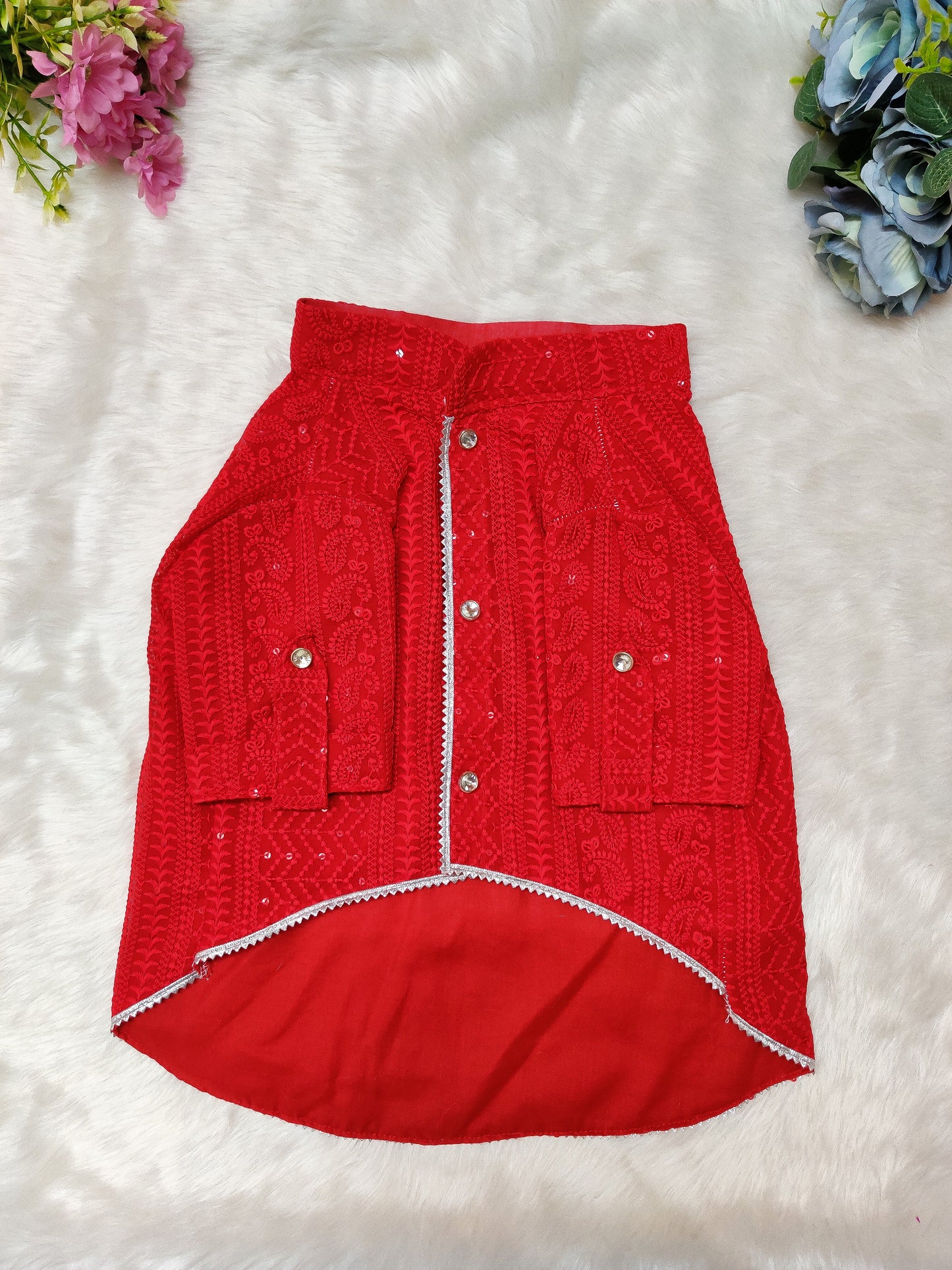 Red Chikankari Dog Kurta + Woman's Kurta + Paw Rakhi