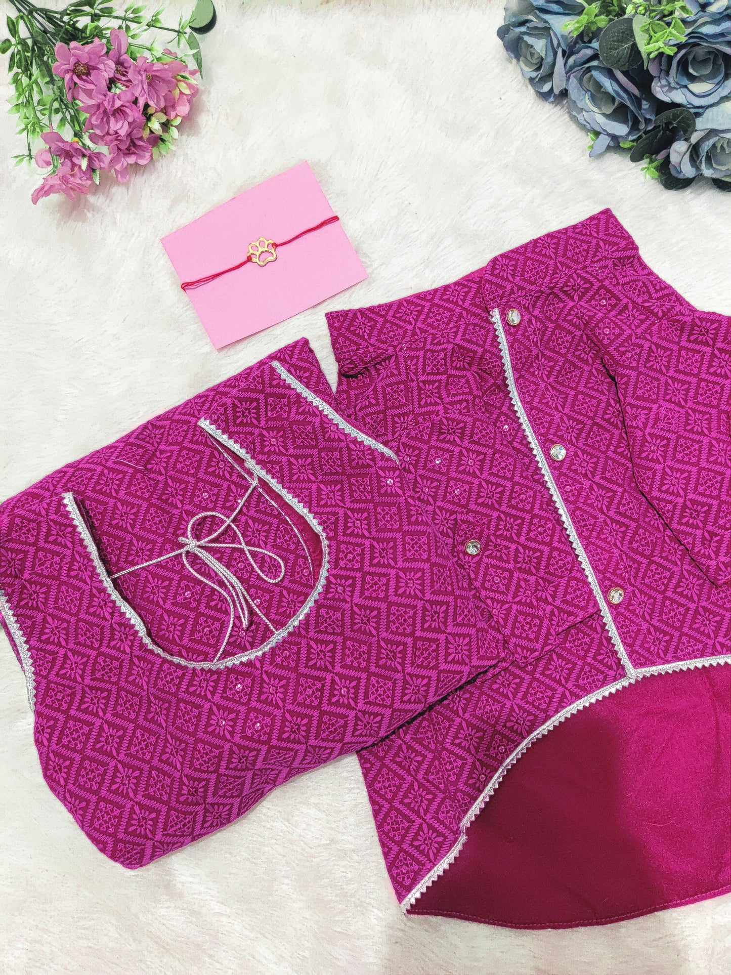 Magenta Chikankari Dog Kurta + Woman's Kurta + Paw Rakhi