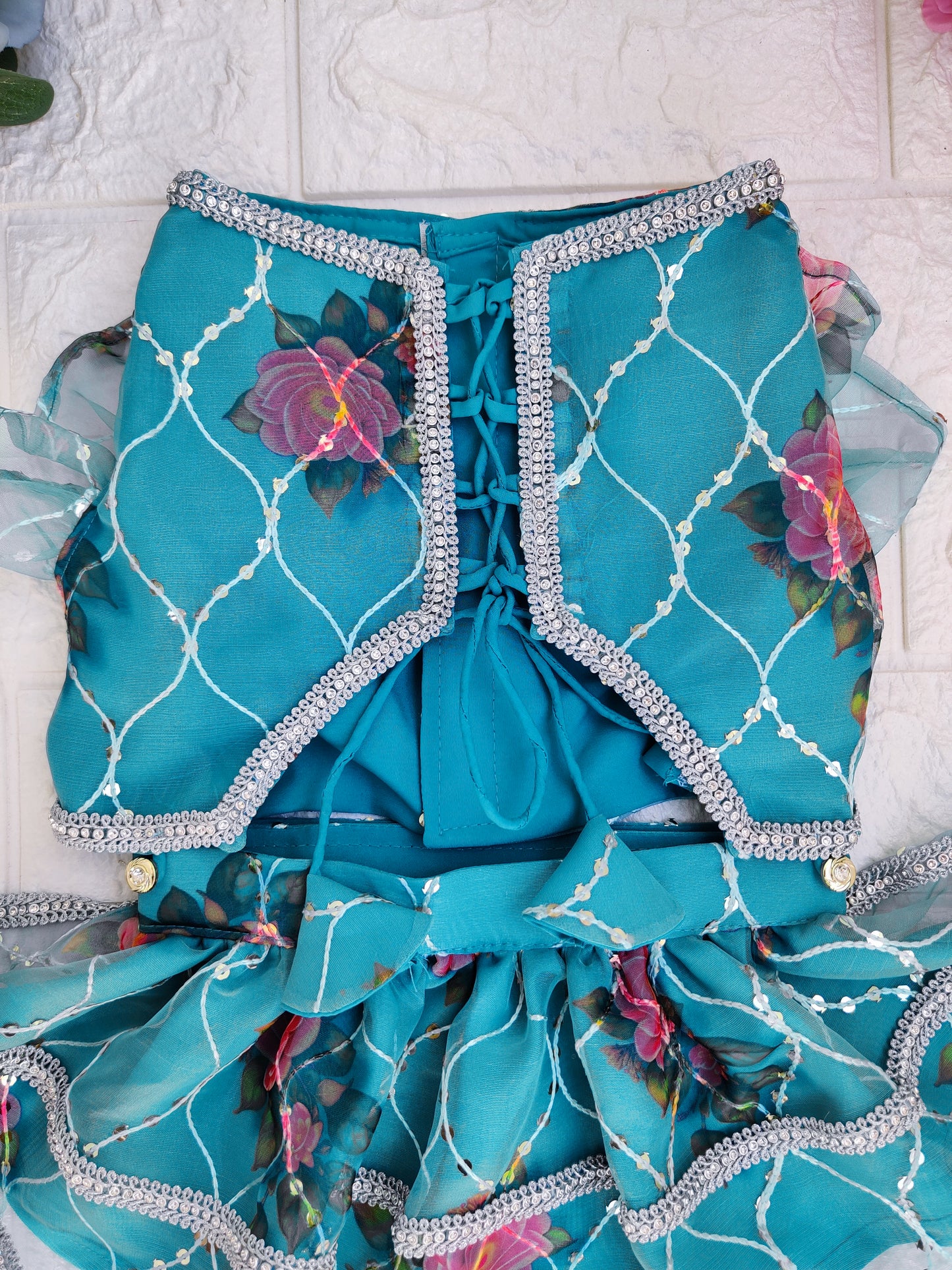 Turquoise Rose Organza Lehenga