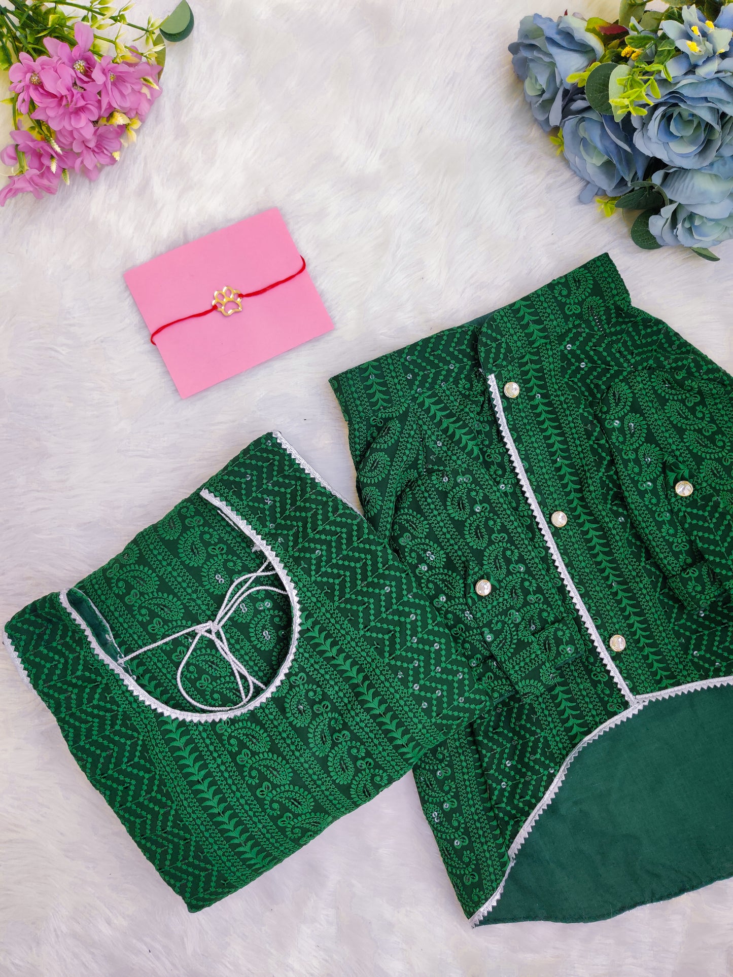 Green Chikankari Dog Kurta + Woman's Kurta + Paw Rakhi