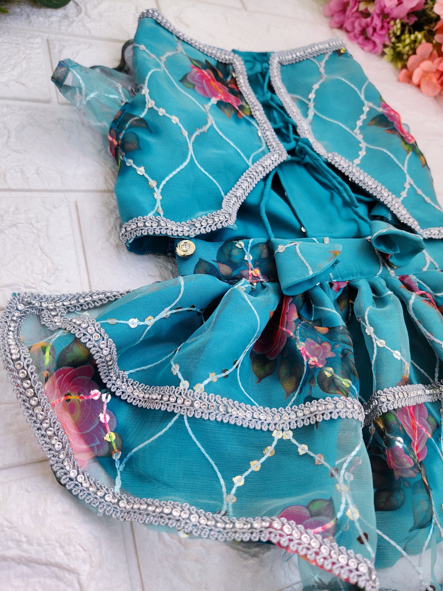 Turquoise Rose Organza Lehenga