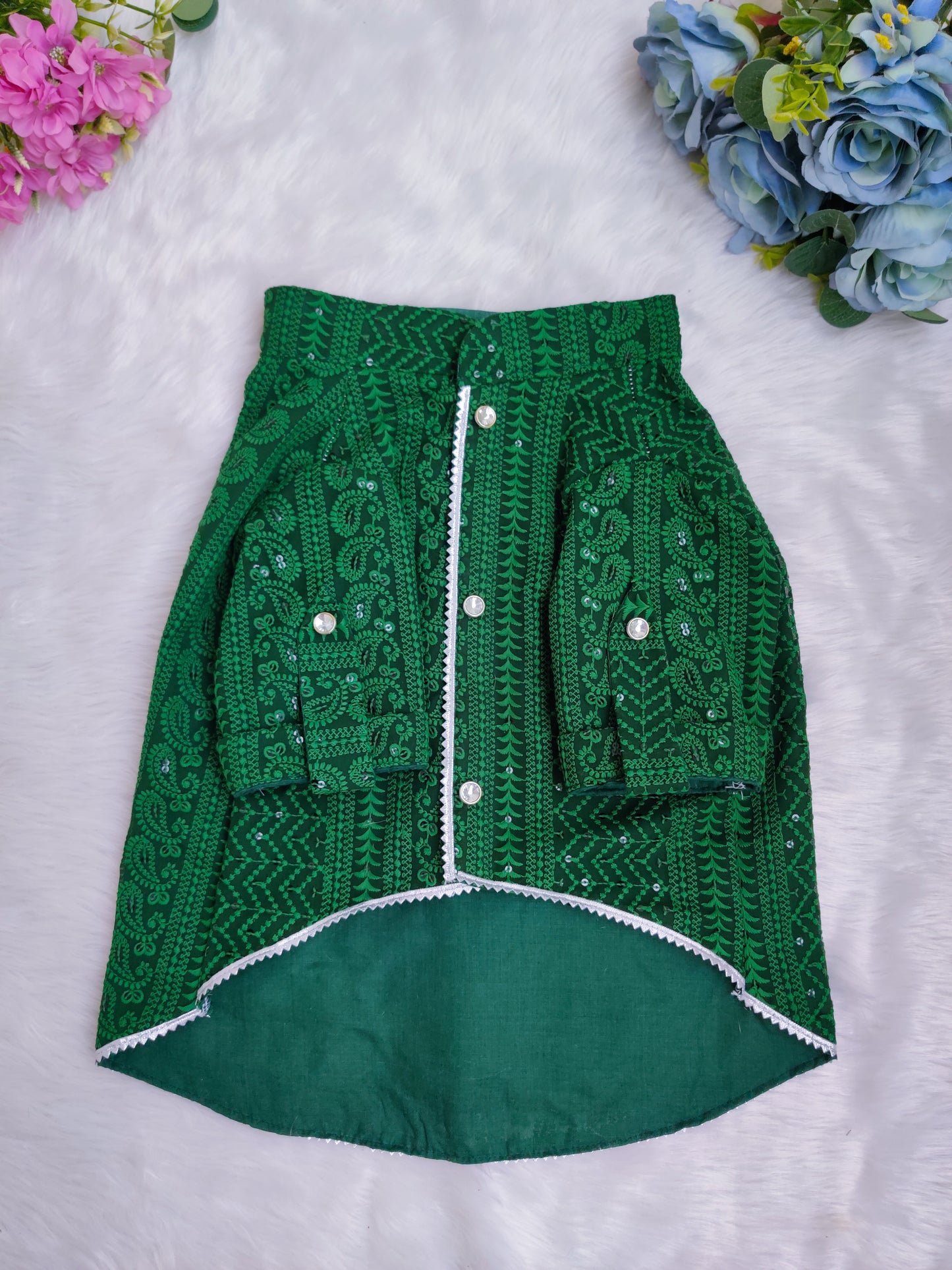Green Chikankari Dog Kurta + Woman's Kurta + Paw Rakhi