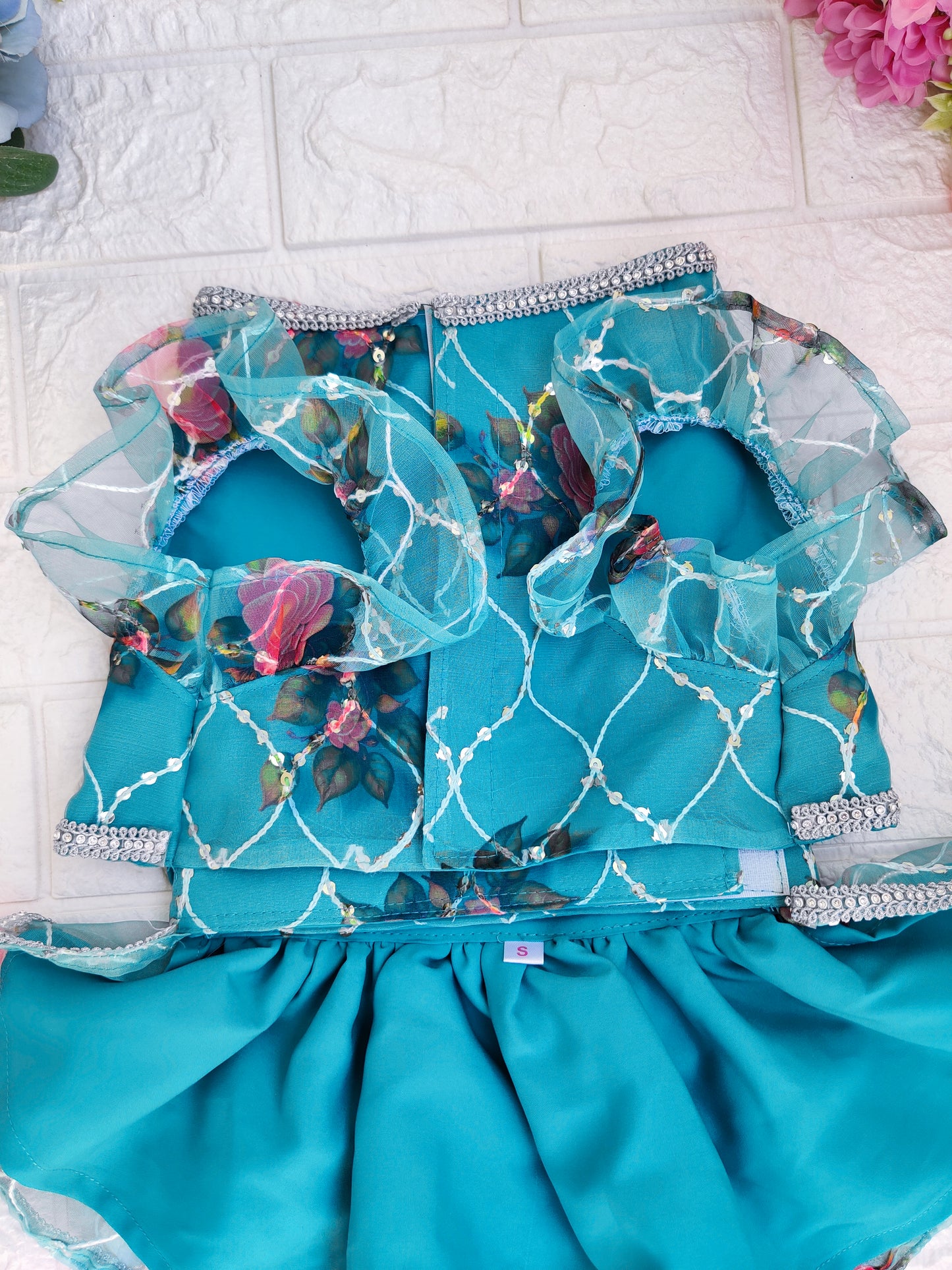 Turquoise Rose Organza Lehenga