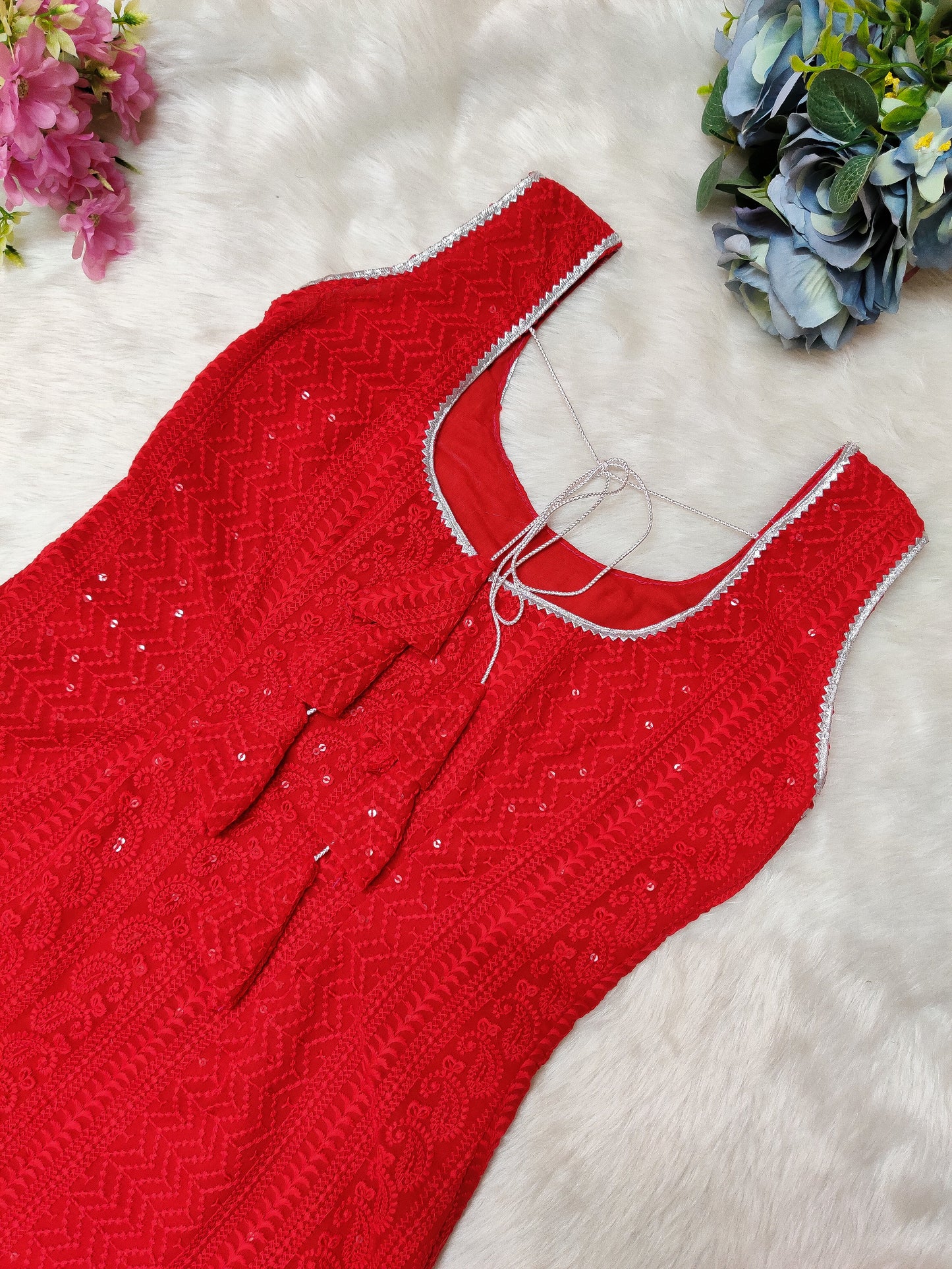 Red Chikankari Dog Kurta + Woman's Kurta + Paw Rakhi