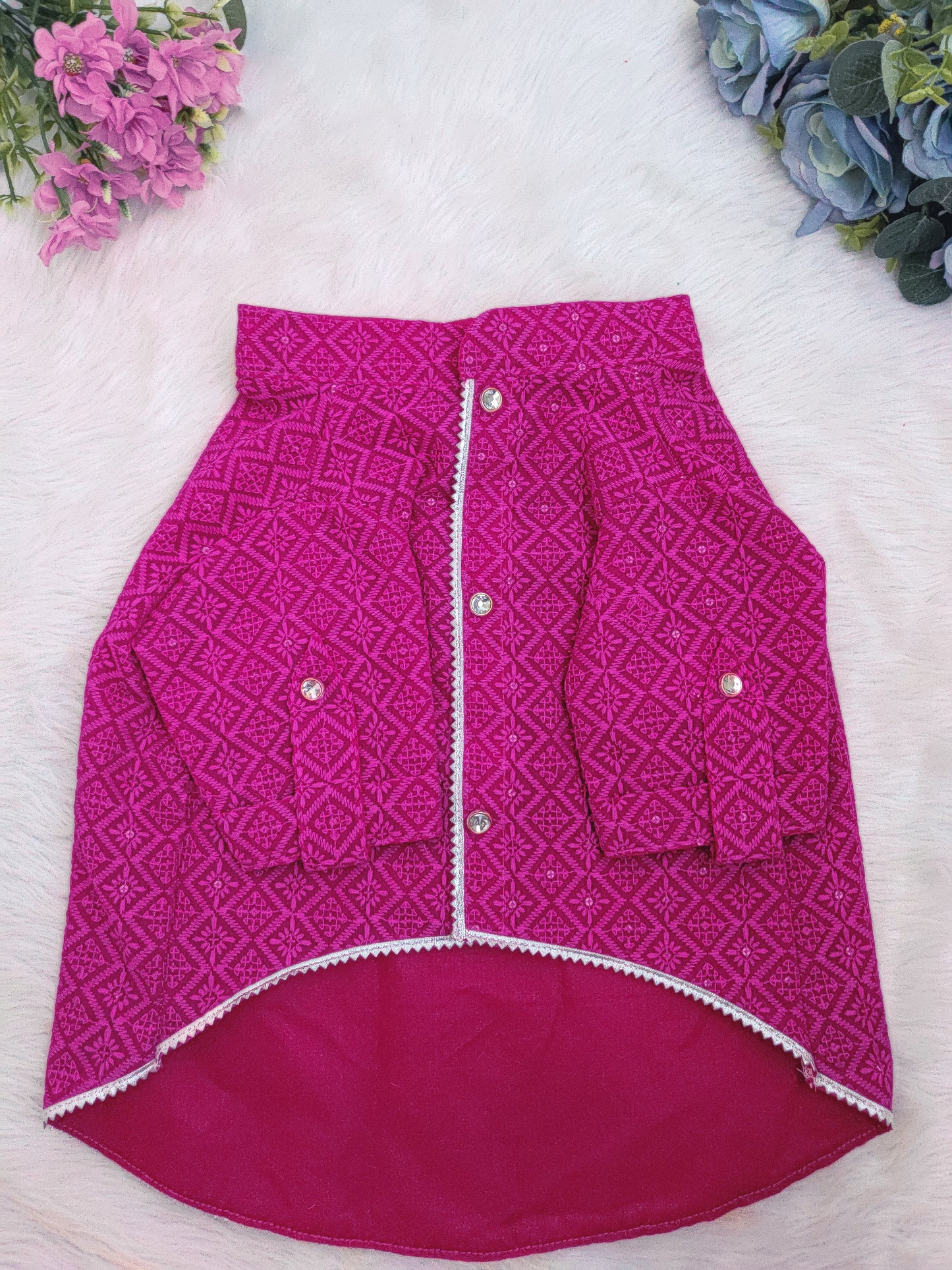 Magenta Chikankari Dog Kurta + Woman's Kurta + Paw Rakhi