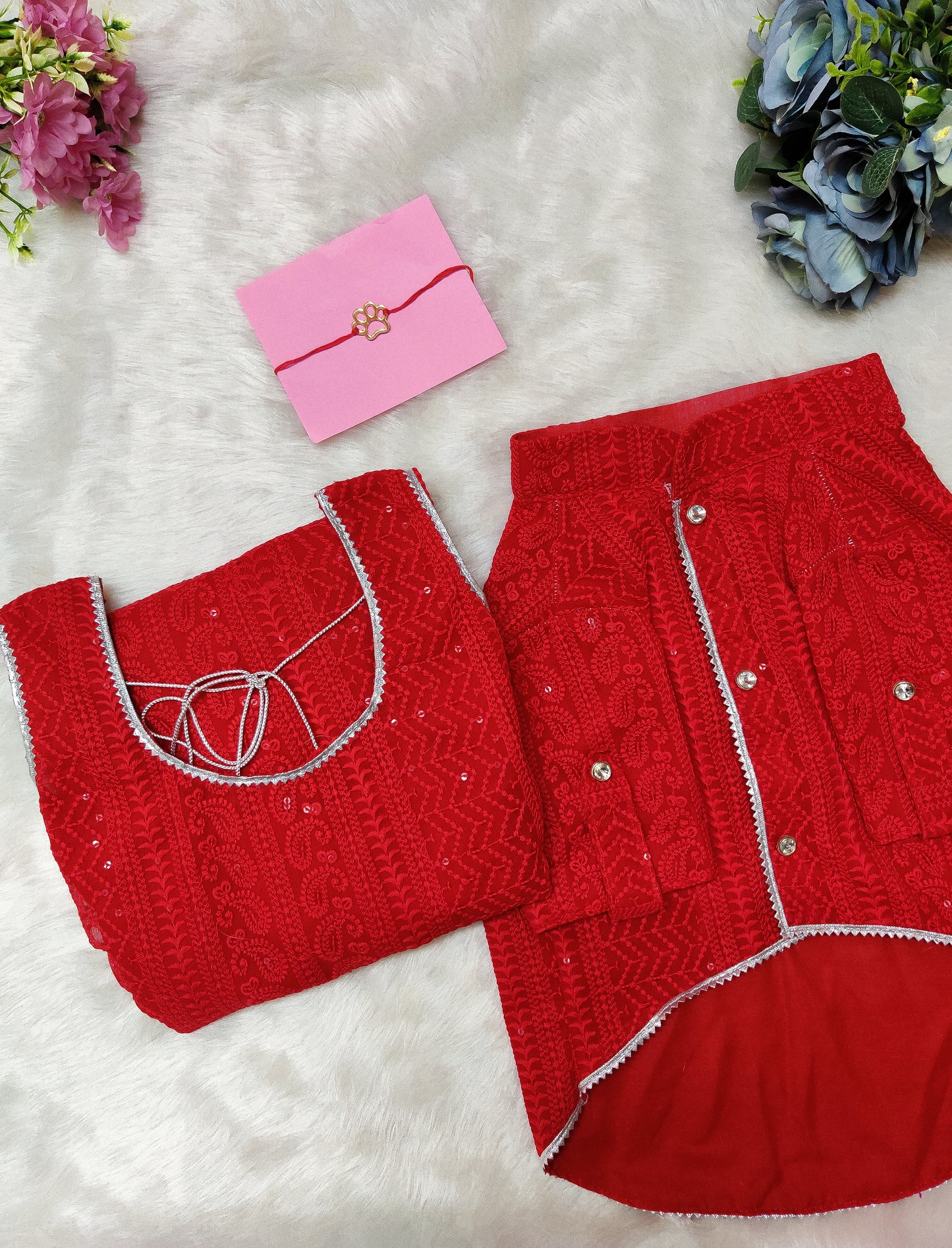 Red Chikankari Dog Kurta + Woman's Kurta + Paw Rakhi