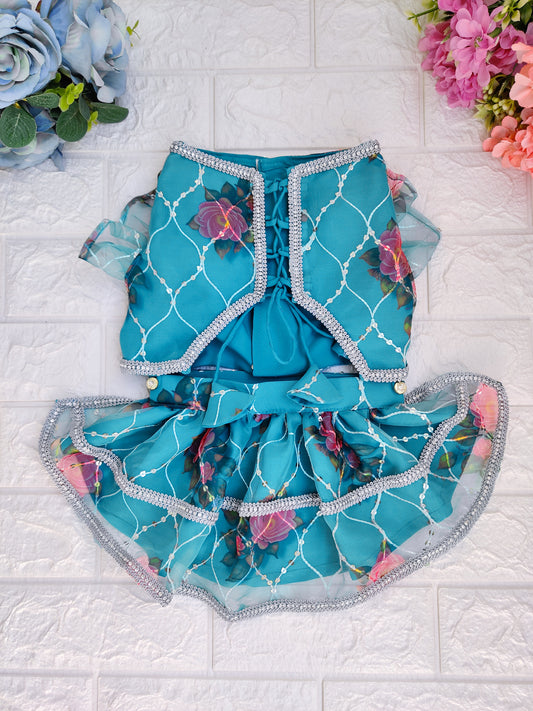 Turquoise Rose Organza Lehenga