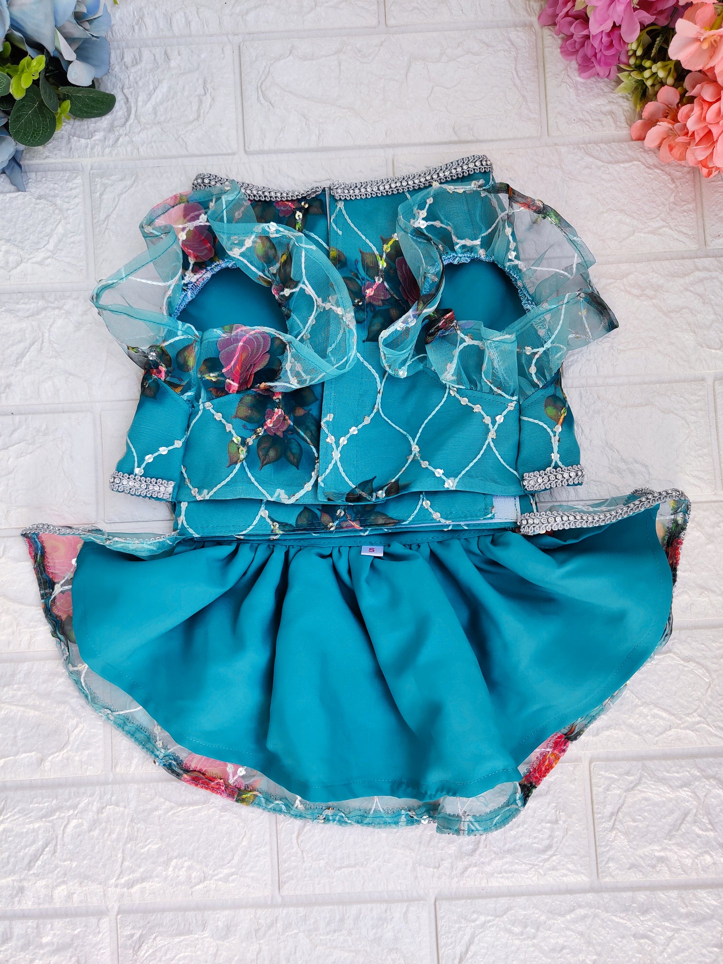 Turquoise Rose Organza Lehenga