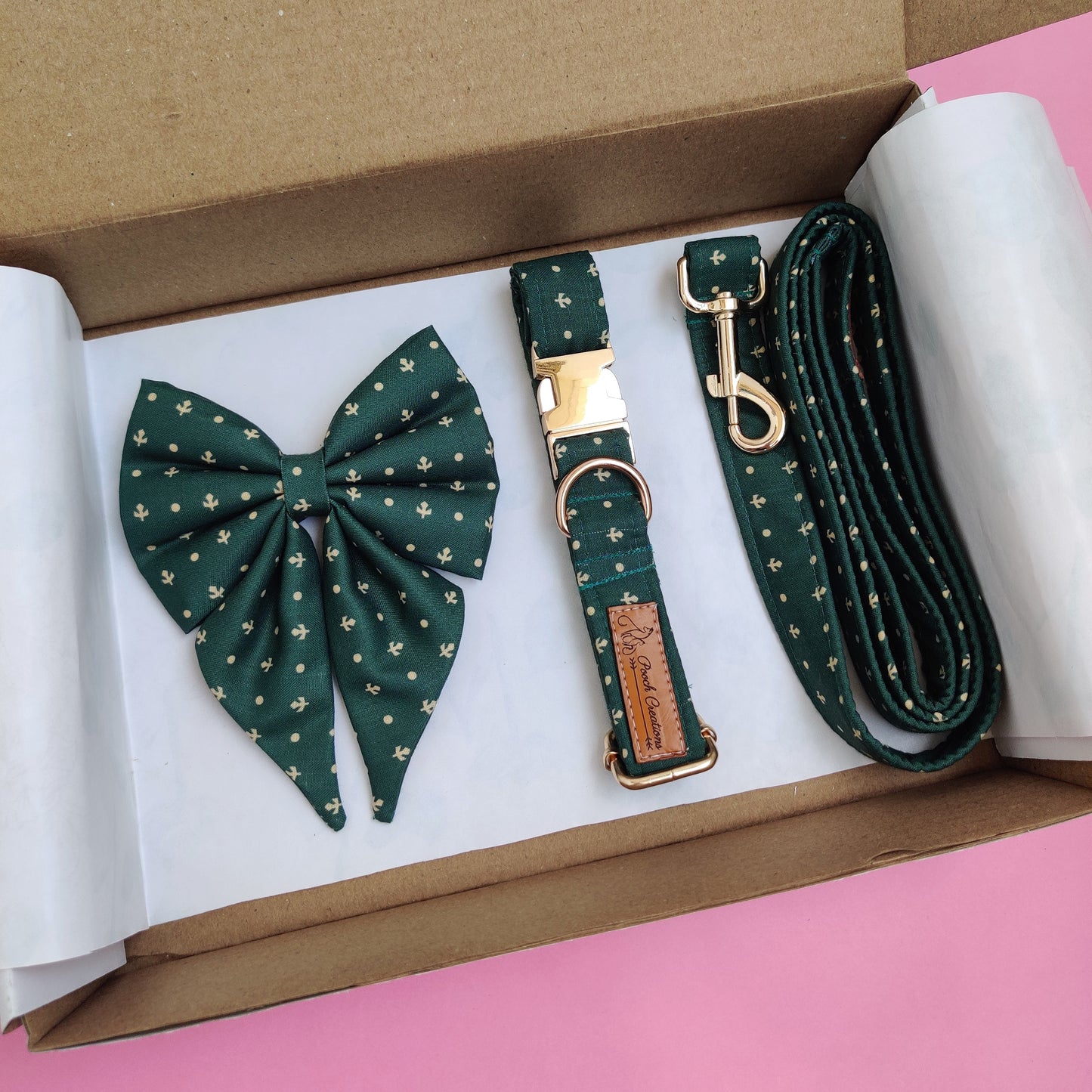 Olive Collar + Leash + Sailor Bow