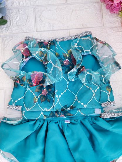 Turquoise Rose Organza Lehenga