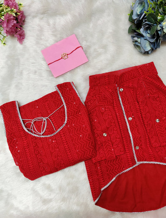 Red Chikankari Dog Kurta + Woman's Kurta + Paw Rakhi