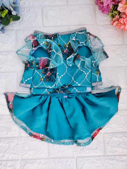 Turquoise Rose Organza Lehenga