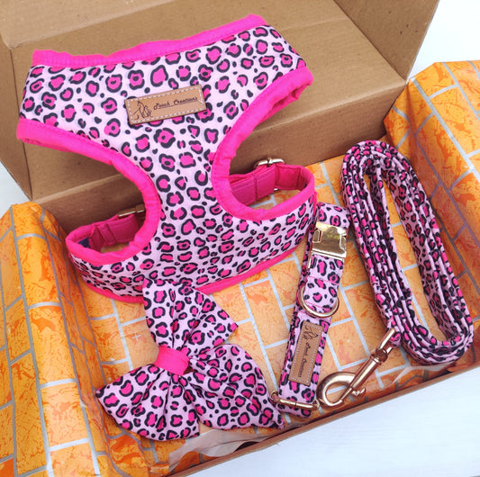 Pink Leopard Harness + Collar + Leash + Sailor Bow
