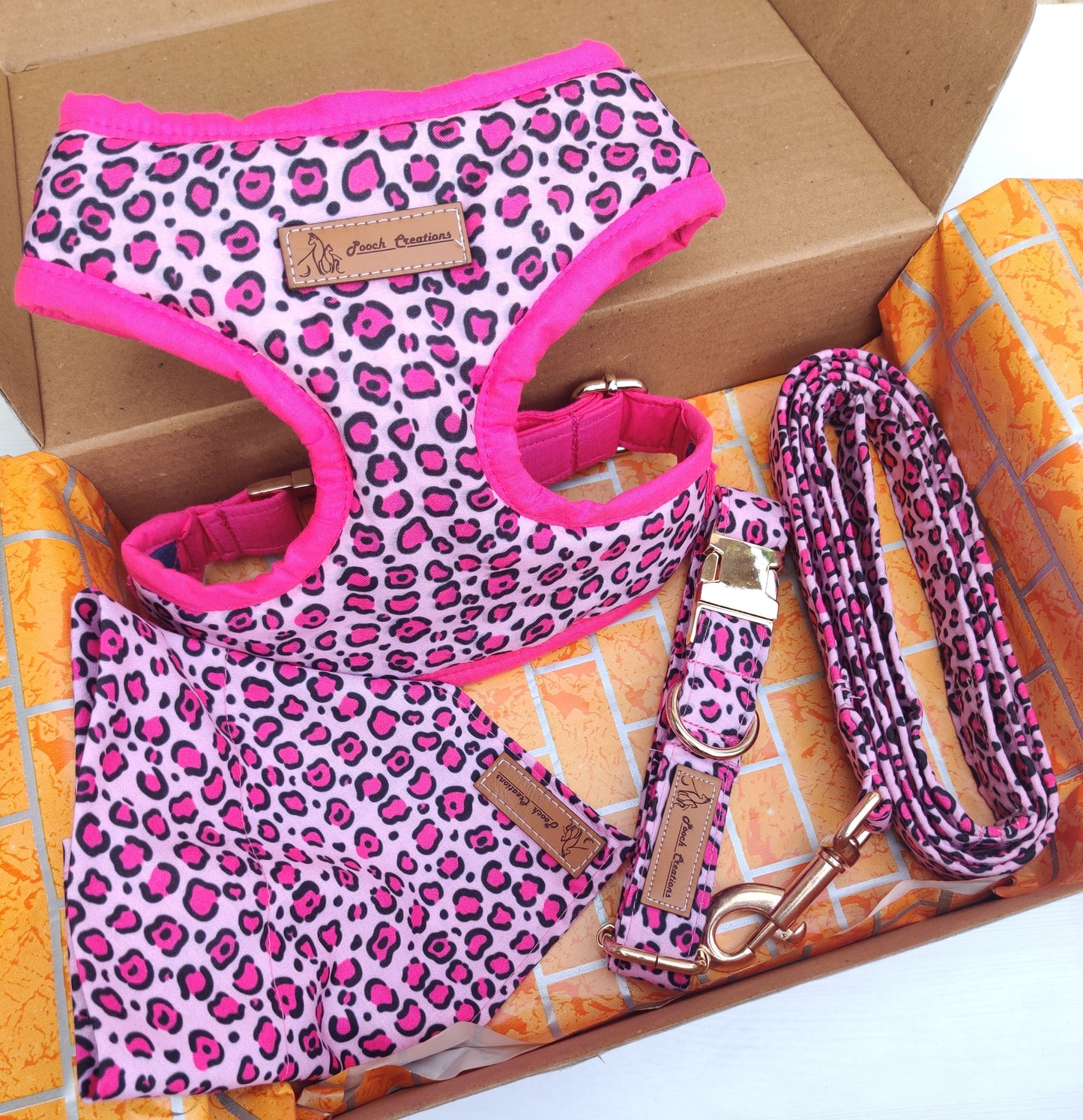 Pink Leopard Harness + Collar + Leash + Bandana