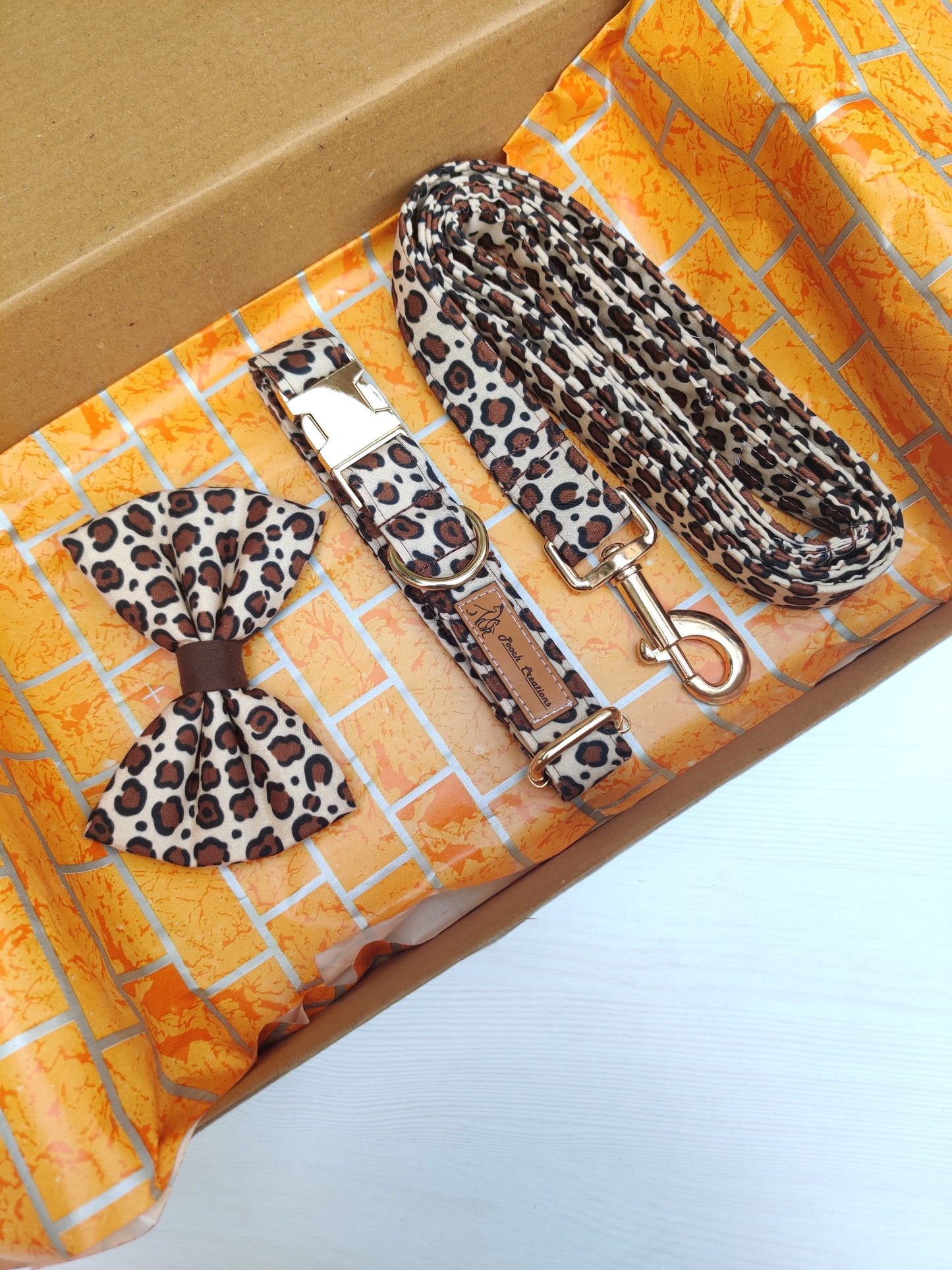 Brown Leopard Collar + Leash + Classic Bow