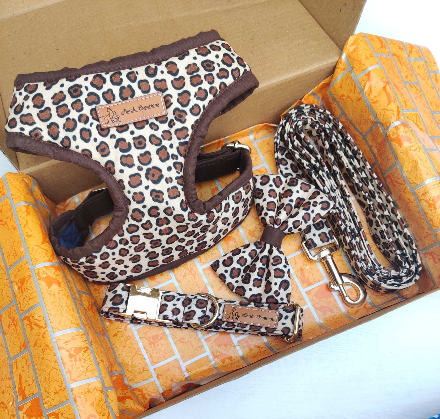 Brown Leopard Harness + Leash + Collar + Classic Bow