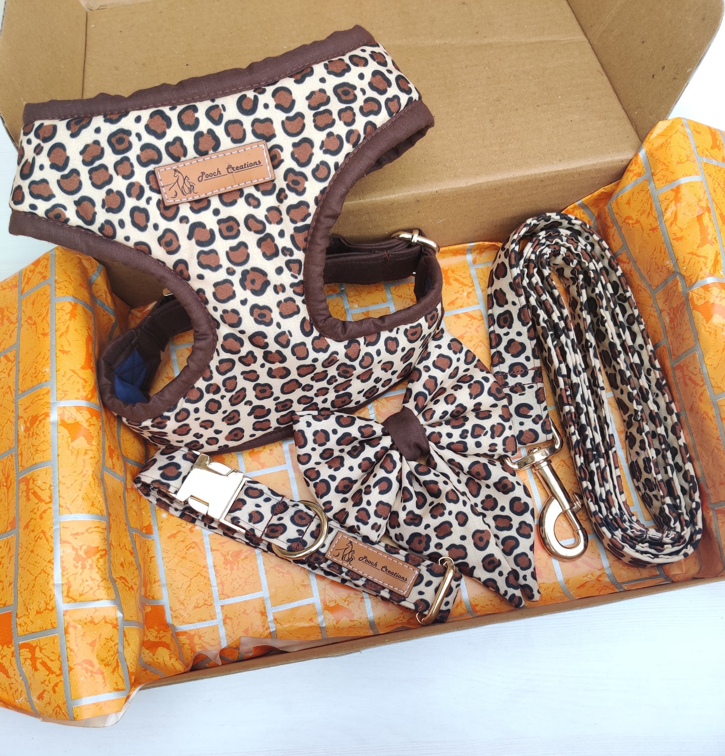 Brown Leopard Harness + Collar + Leash + Sailor Bow