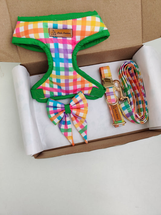 Rainbow Plaid Harness + Collar + Leash + Sailor Bow