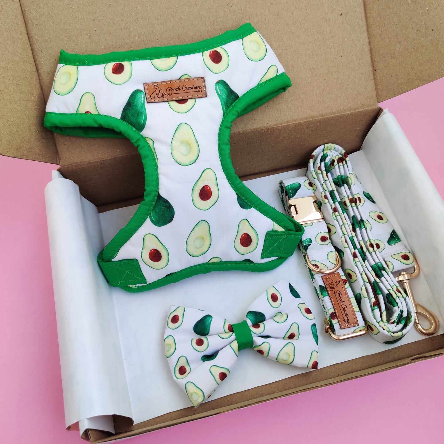 Avocado Harness + Collar + Leash + Classic Bow
