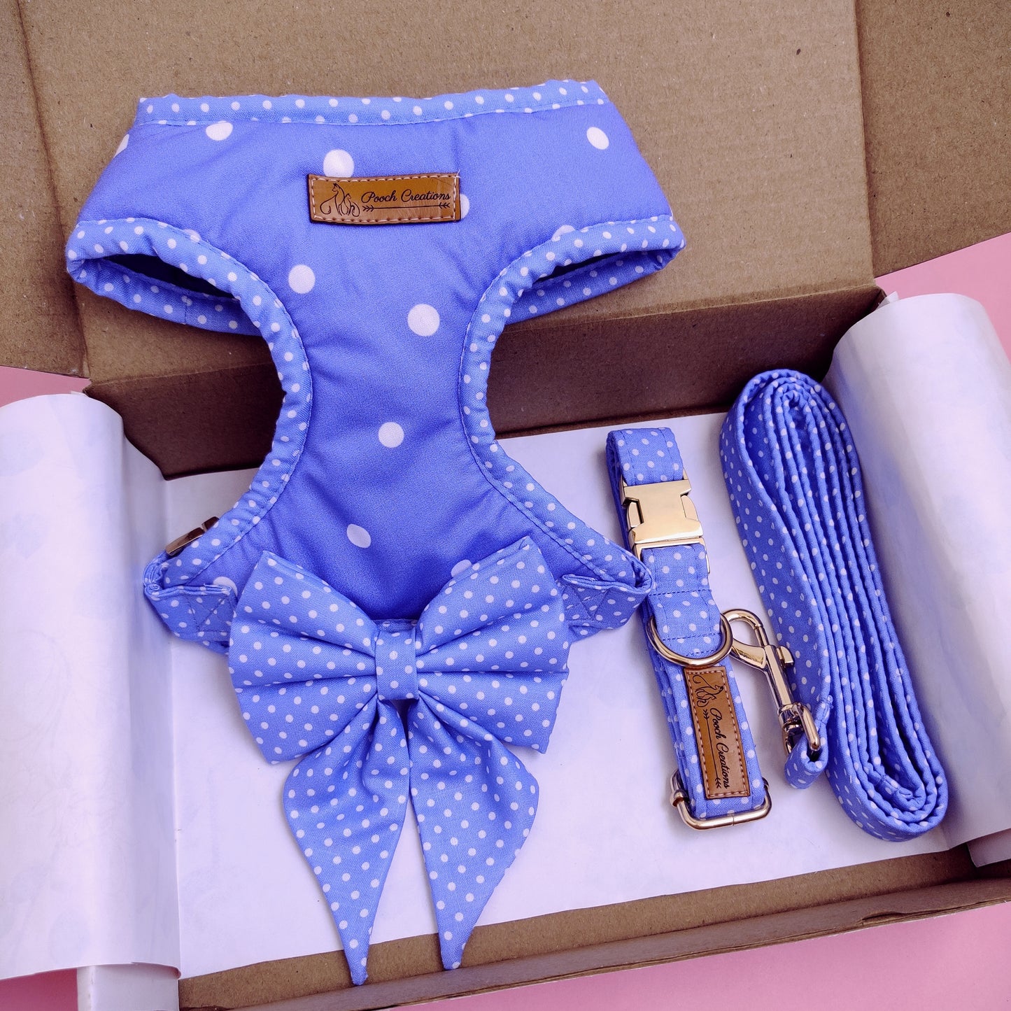 Light Dotty Harness + Collar + Leash + Sailor Bow