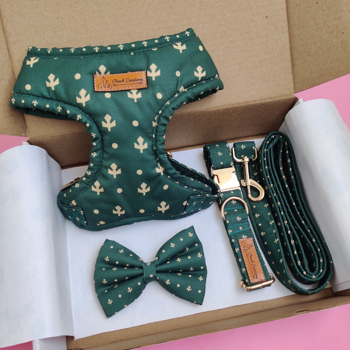 Olive Harness + Collar + Leash + Classic Bow
