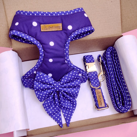 Dark Dotty Harness + Collar + Leash + Sailor Bow